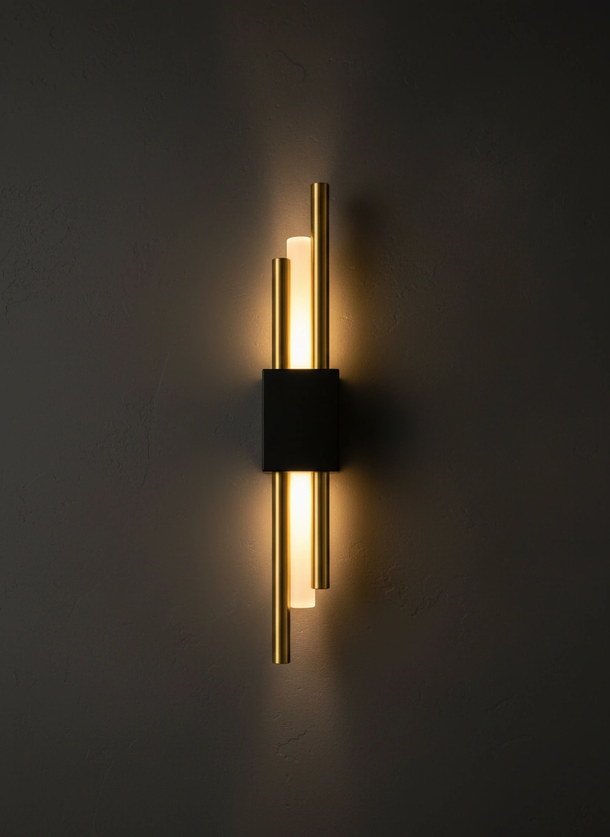 Apollo Vertical Art Deco Wall Sconce | Brushed Brass & Matte Black Detail Perspective