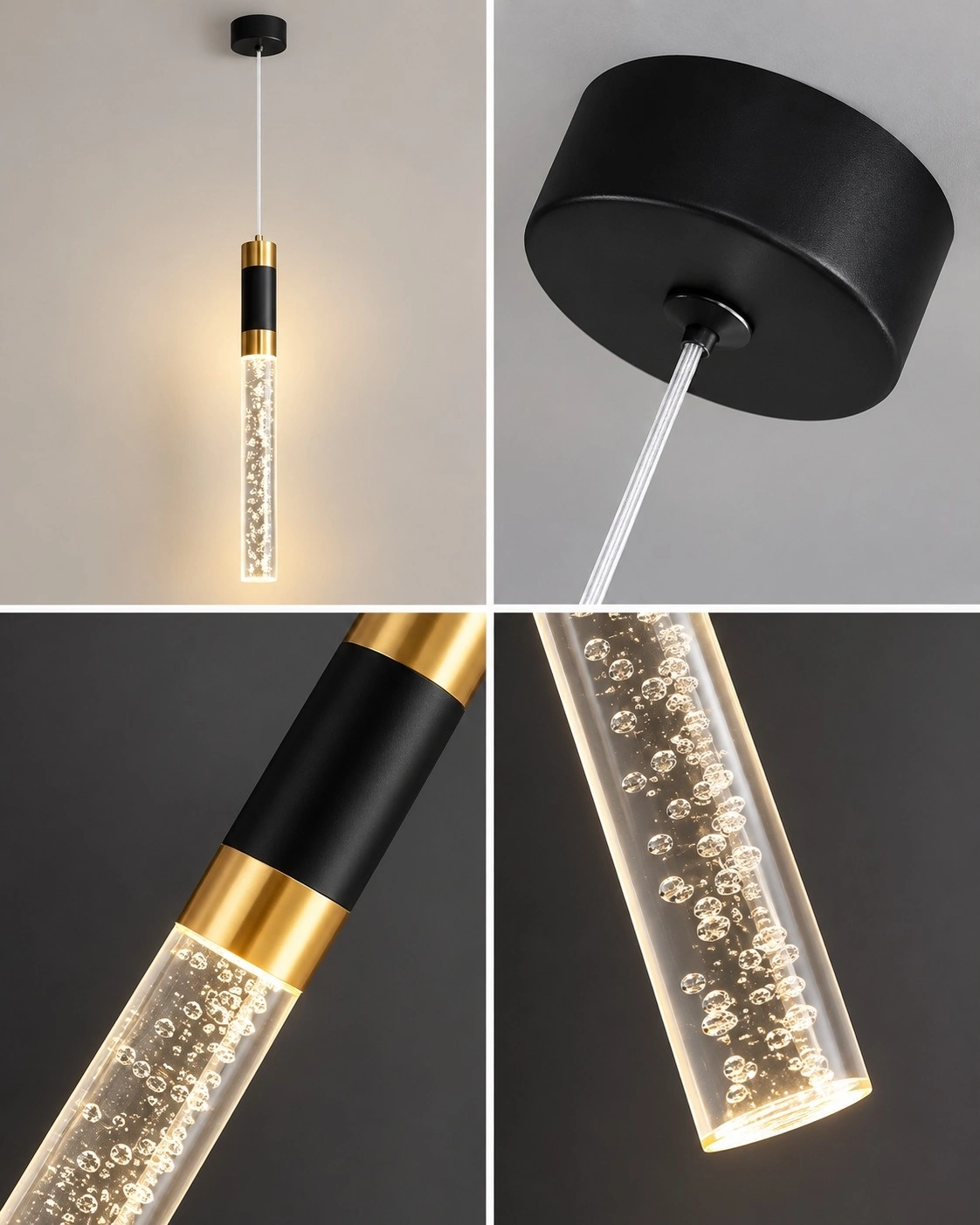 Aura Bubble Crystal Cylinder Pendant | Black & Brass