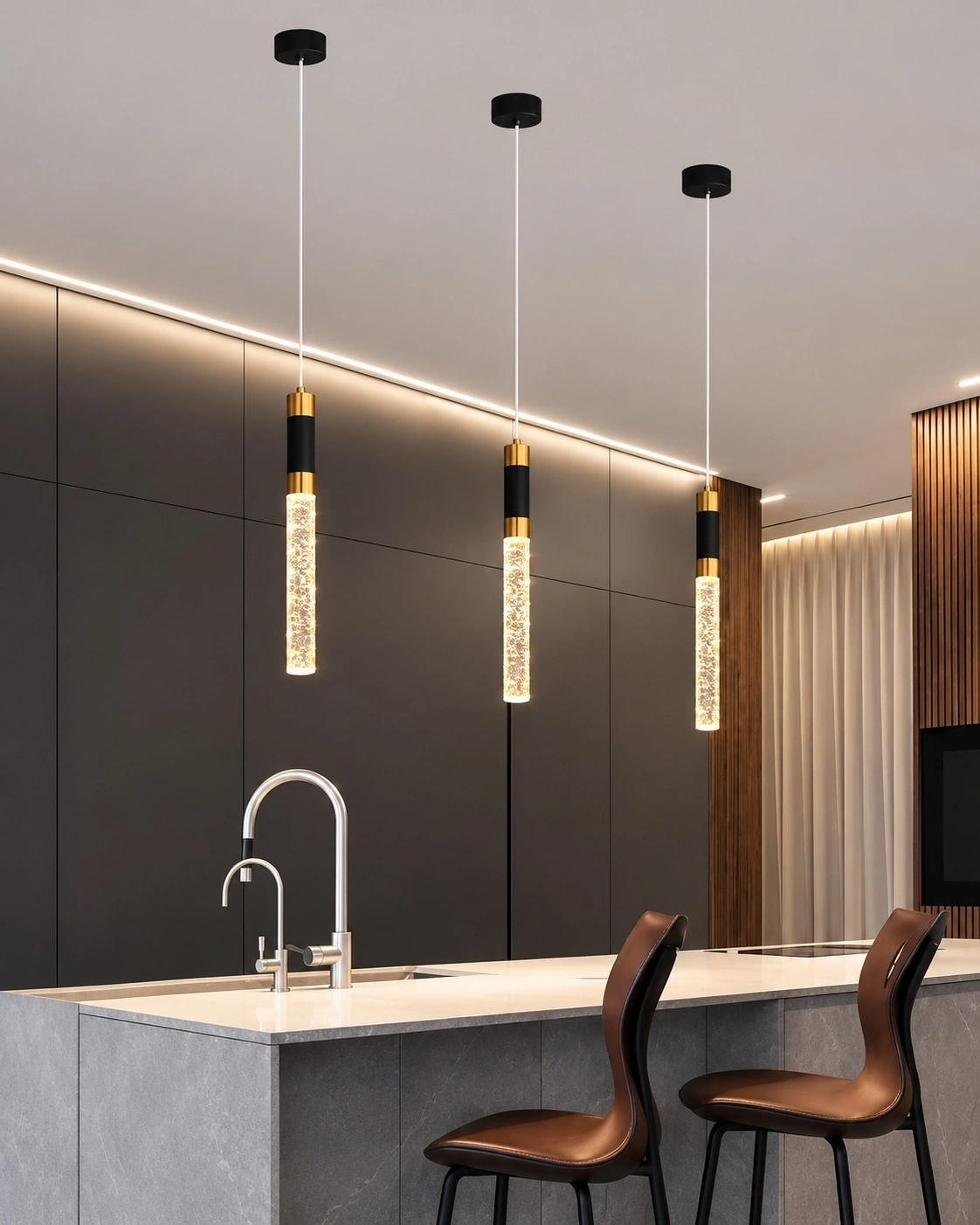 Aura Bubble Crystal Rod Pendant Light (Black & Brass)