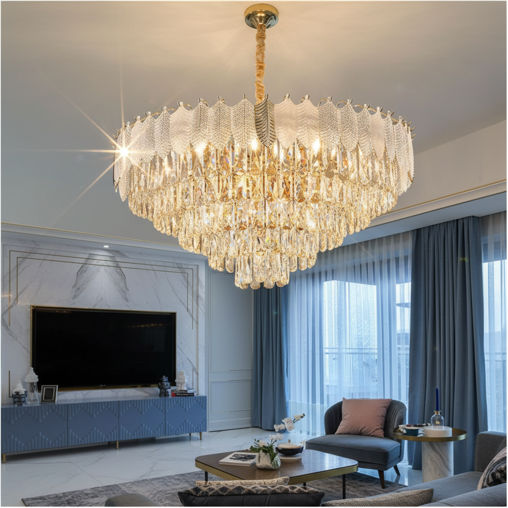 Aurae 60cm Feather & K9 Crystal Chandelier Detail Perspective