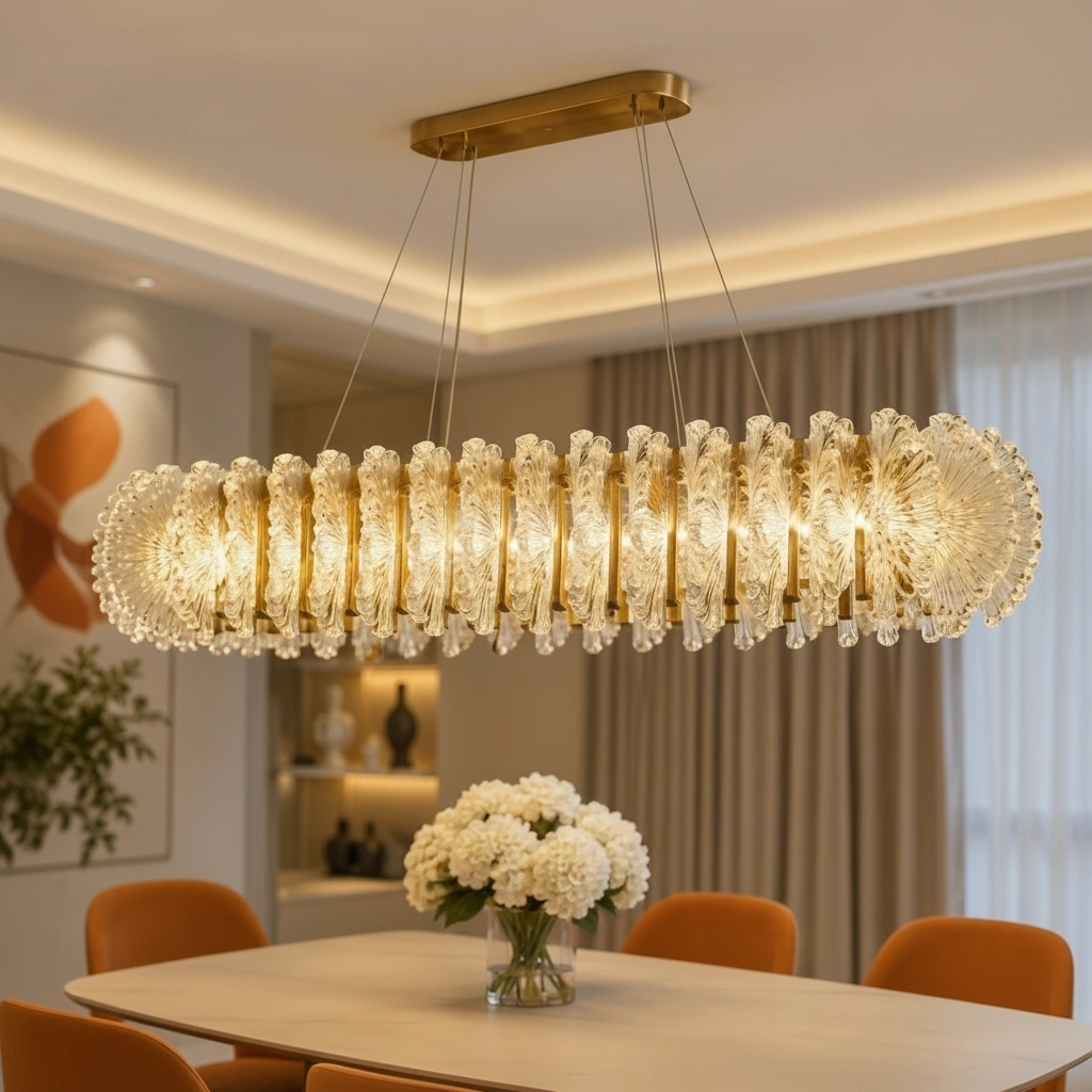 Aurelia 120cm Linear Fluted Crystal Chandelier, Brushed Brass Primary Perspective
