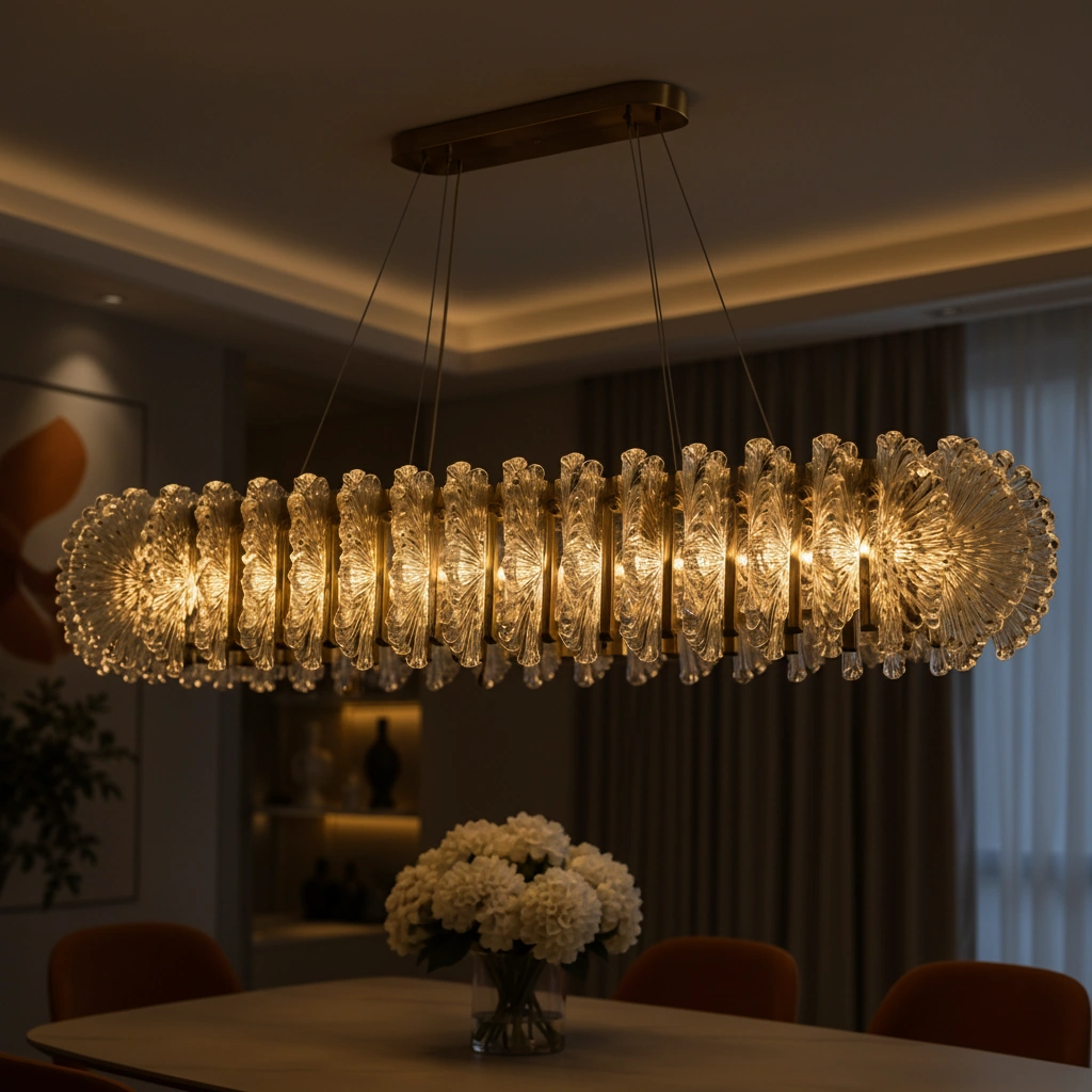 Aurelia 120cm Linear Fluted Crystal Chandelier, Brushed Brass Detail Perspective