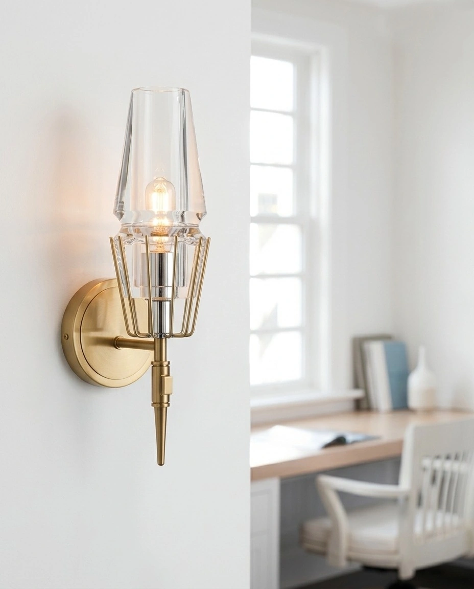 Aveline Art Deco Torch Wall Sconce in Brushed Brass & Crystal Glass