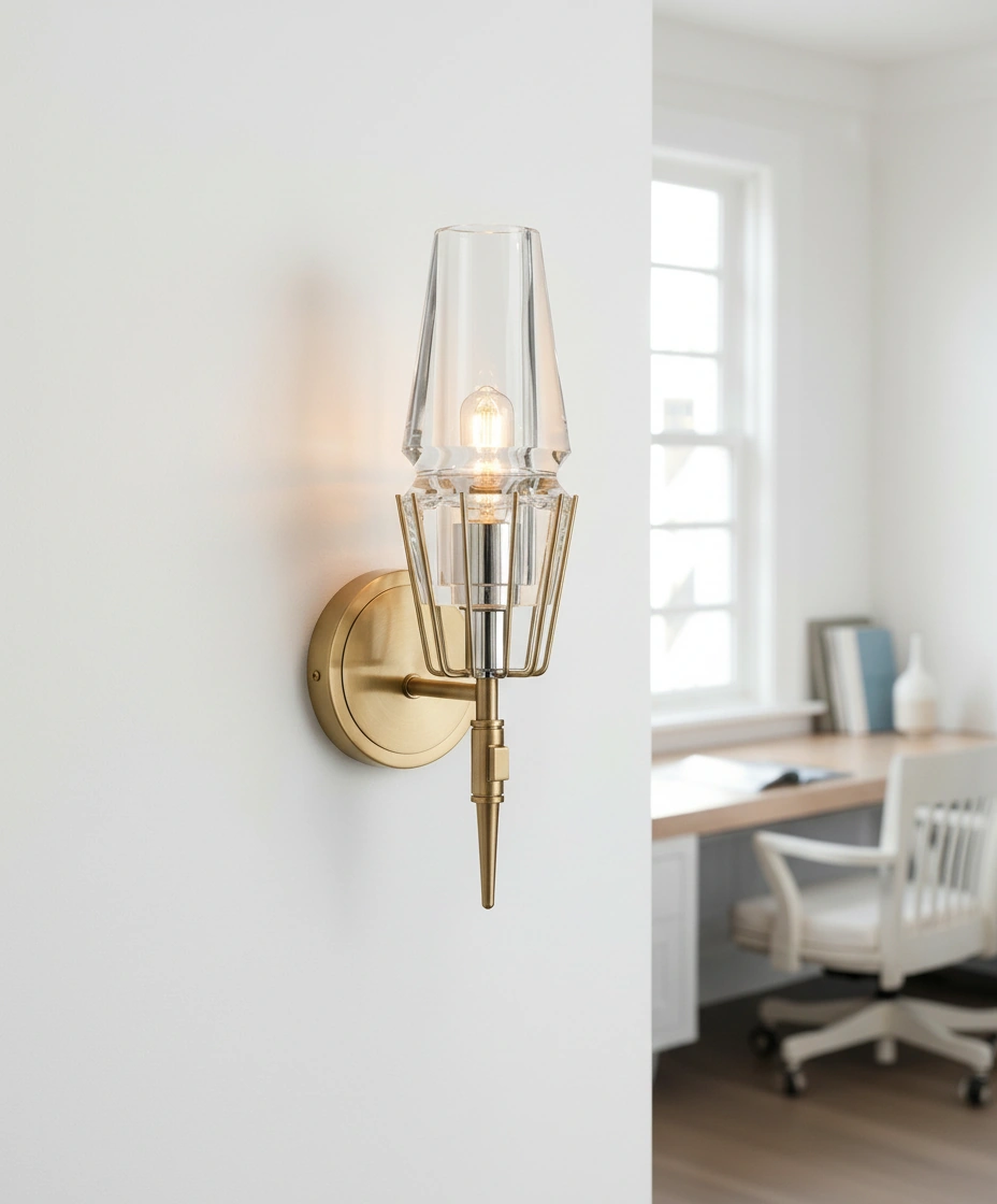 Aveline Art Deco Torch Wall Sconce in Brushed Brass & Crystal Glass Primary Perspective