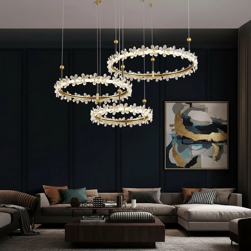 Fiora Bloom 80/60/40 3-Ring Crystal Chandelier Angle 2