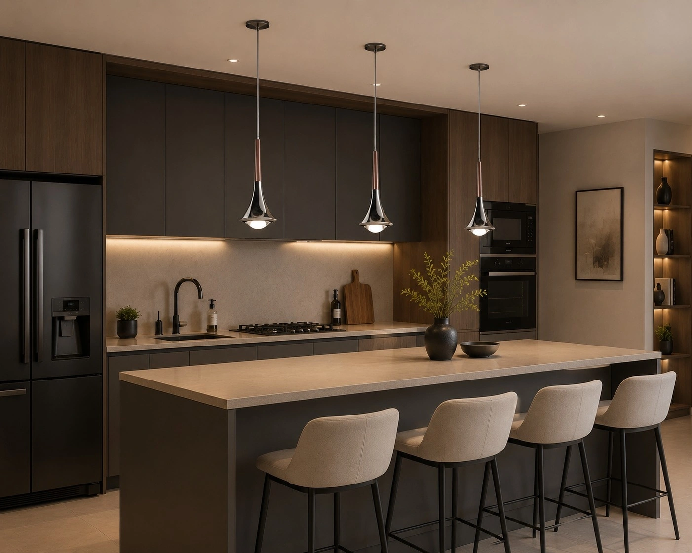 Sonata Modern Trumpet Pendant Light, Polished Black Chrome & Walnut Accent