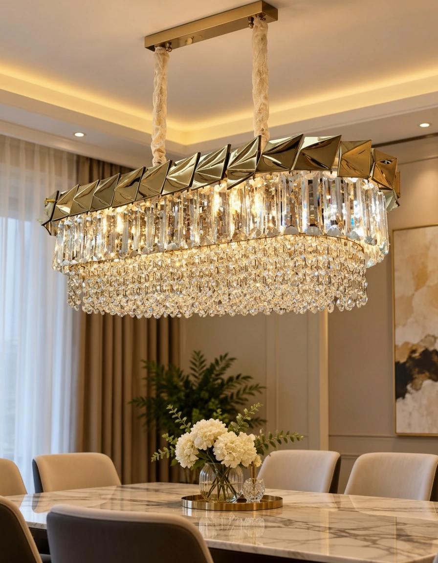 Verona 120cm Rectangular Gold & K9 Crystal Chandelier Primary Perspective