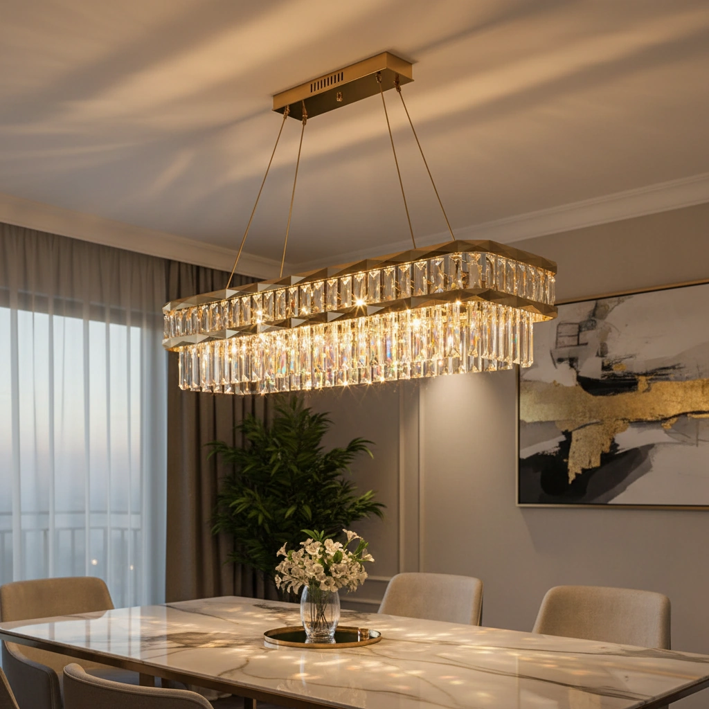 Verona 120cm Rectangular Gold & K9 Crystal Chandelier Detail Perspective